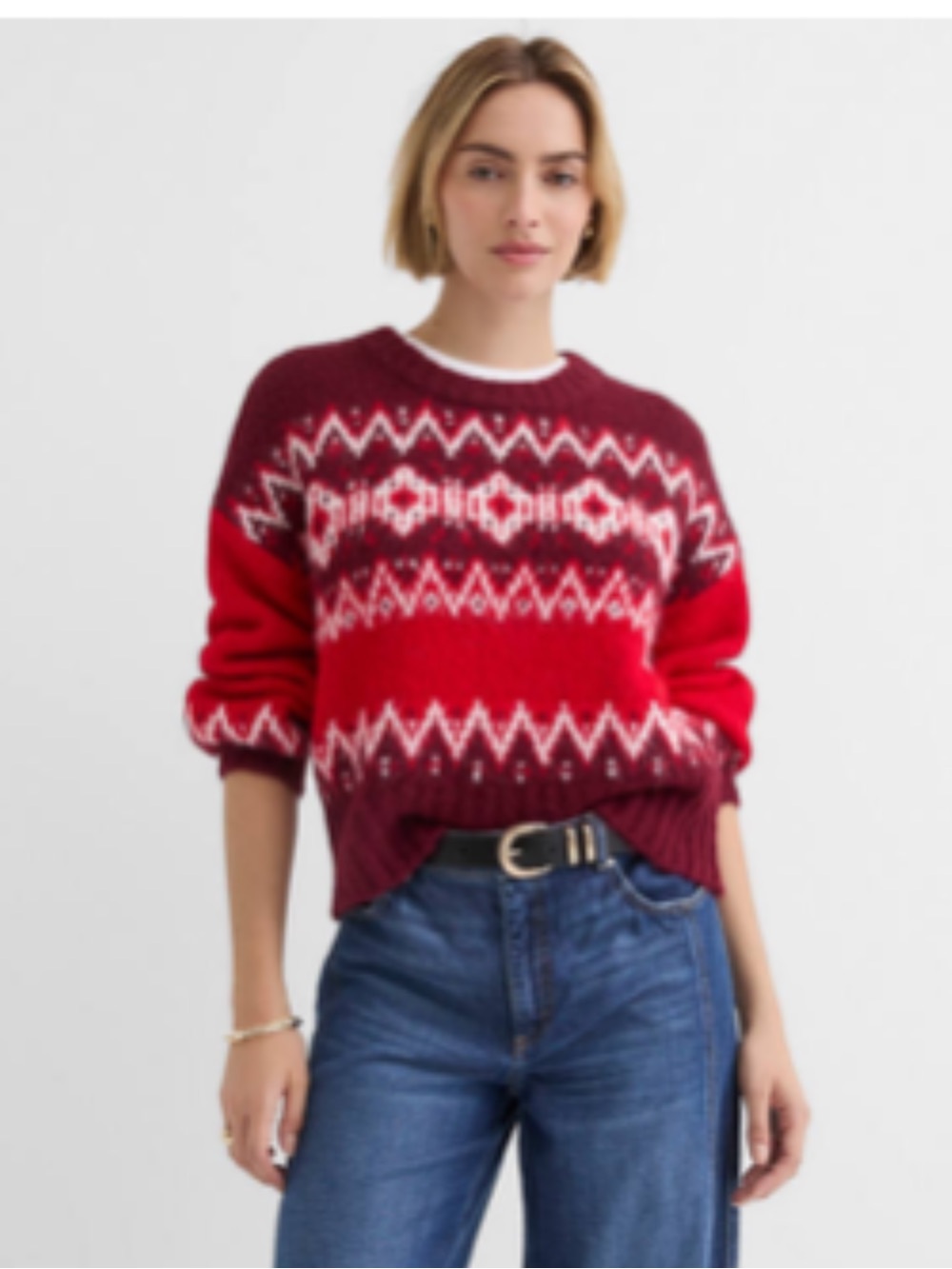 LOFT Women’s Fuzzy Fair Isle Oversized Sweater Small Red Burgundy Wool Blend